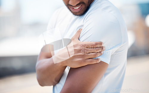 Image of Arm pain, fitness injury and person with muscle, inflammation and accident from sport. Outdoor, athlete and injured joint in arms from workout, exercise and training on a road for wellness and health