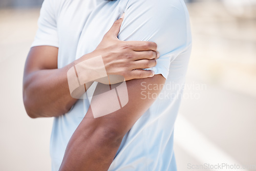 Image of Arm pain, sport injury and person with muscle, inflammation and accident from fitness. Outdoor, athlete and injured joint in arms from workout, exercise and training on a road for wellness and health
