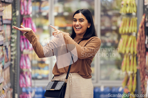Image of Discount, grocery and shopping with woman in supermarket for sale, product deal and food. Choice, offer and happy with female customer in groceries store for retail promotion, health and excited