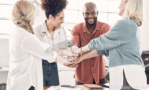 Image of Teamwork, hand huddle and happy business people with strategy, support and collaboration at start up. Office team, coworking and trust, hands together with smile, employees working with cooperation.