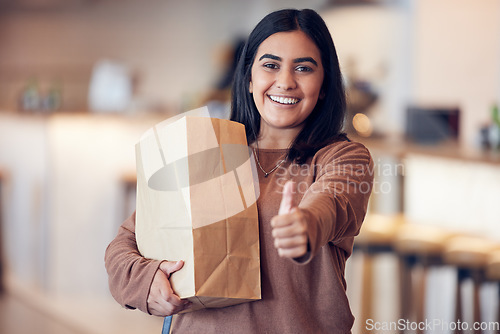 Image of Paper bag, woman shopping and thumbs up portrait with happiness and motivation from shop deal. Winner, young female person and emoji hand gesture at home with grocery bags and retail purchase success