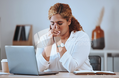 Image of Stress, error and woman laptop fail, headache and sad in a company office desk working in a business. Frustrated, burnout and young entrepreneur thinking of a risk or problem, tired and mistake