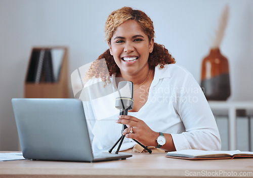 Image of Microphone, laptop and podcast with portrait of woman for news broadcast, presenter and social media. Radio, blog and communication with influencer in office for audio technology and live streaming