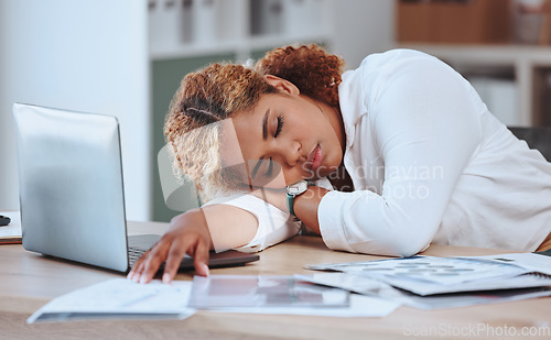 Image of Tired, sleeping and business woman in office for overworked, fatigue and frustrated. Stress, mental health and resting with female employee dreaming at desk for exhausted, problem and deadline
