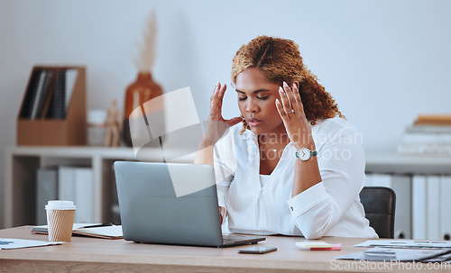 Image of Stress, headache and woman with laptop glitch, angry and sad in a company or startup office desk working. Frustrated, burnout and young entrepreneur thinking of a risk or problem, tired and mistake