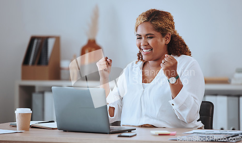 Image of Success, laptop and happy with business woman in office for winner, news and email. Celebration, technology and achievement with female employee and fist pump for promotion, surprise and discount