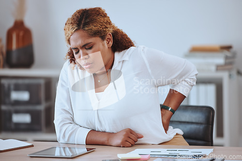 Image of Back pain, stress and business woman in office for tired, frustrated and fatigue. Emergency, injury and inflammation with female employee and body ache for overworked, exhausted and tension