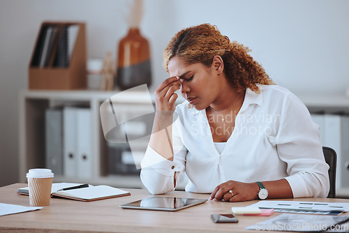 Image of Headache, stress and woman at desk with crisis, problem and issue or mistake for deadline. Anxiety, frustrated and worried female worker on digital tech with internet, network and connection fail