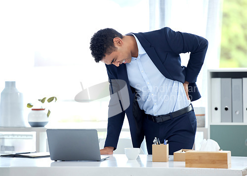 Image of Business, stress and man with back pain, health issue and consultant with muscle tension, strain and discomfort. Male person, employee and agent with posture problems, medical injury and overworked