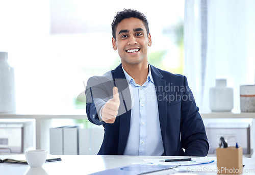 Image of Portrait, thumbs up and business man smile in office for support, trust and success. Face, like hand gesture and person with emoji for excellence, review or agreement, welcome and thank you for vote.