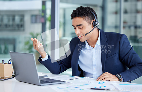 Image of Professional, man and working at call centre with communication at a company with customers. Male consultant, customer service and online with helping clients with consulting or sales at a business.