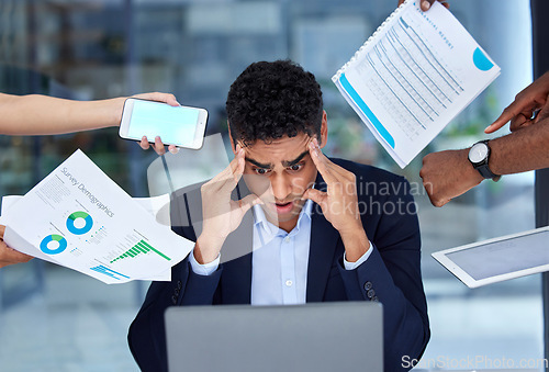 Image of Debt, paperwork and businessman with work pressure due to tax or fail startup in an office and scared in a company. Anxious, headache and frustrated employee with a stress and tired due to a crisis