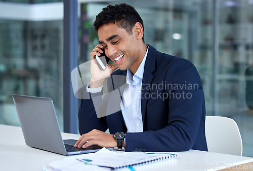 Image of Business, phone call and man with a laptop, professional and confidence with connection, communication and technology. Male person, employee and consultant with a smartphone, typing and conversation