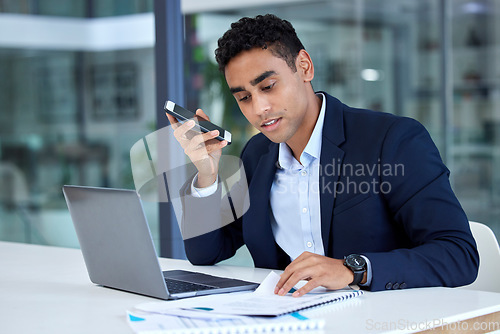 Image of Businessman, phone call and speaker with laptop and document for accounting or financial advisor at office. Man accountant or business lawyer talking on smartphone with finance paperwork at workplace