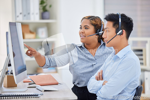 Image of Telemarketing, business woman mentor and contact us talk in a office with paperwork at desk. Call center, African female employee and consulting of a worker with web support and agent advice notes