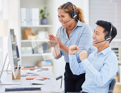 Image of Telemarketing, business people and success cheer of staff with good news and promotion email. Motivation, contact us and call center employee with applause and winner group in office with support