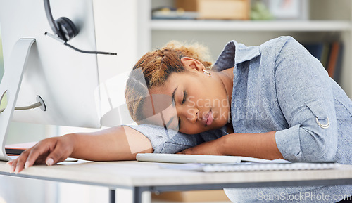 Image of Call center, business woman and sleeping from web support and telemarketing deadline. Consulting, contact us and African female person with nap, sleep and rest in office from working after hours