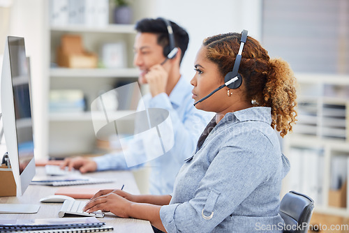 Image of Telemarketing, business woman and contact us computer in a office with typing at desk. Call center, African female employee and consulting focus of a worker with web support and agent advice notes