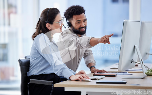 Image of Telemarketing, manager help an agent and call center with advice, conversation and corporate training. Man, woman or staff in a workplace, computer, tech support or customer service with in an office