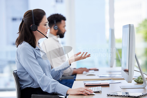 Image of Angry, woman and call center computer glitch, 404 or internet problem and confused employee in agency office. Error, frustrated and agent or consultant with stress talking on a video call online