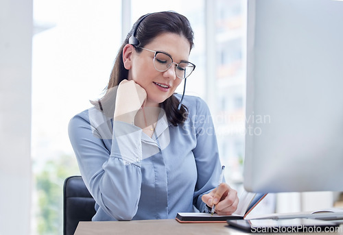 Image of Call center, writing notes and woman telemarketing, customer service or crm in office. Notebook, support or female sales agent, consultant or employee consulting clients, planning or contact schedule