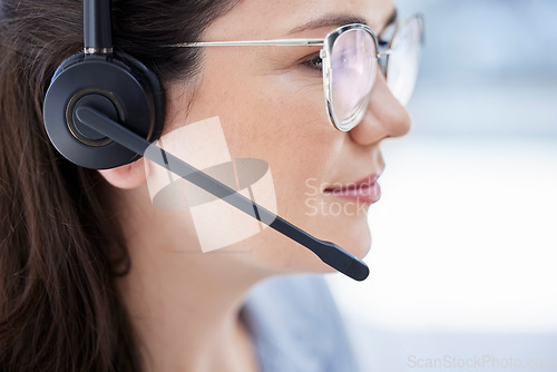 Image of Call center, headphones and woman, agent or consultant in customer service, client solution or e commerce support. Callcenter, agency and happy person consulting, virtual communication or helping