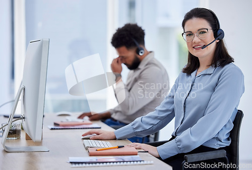 Image of Call center, customer support and portrait of woman in office for hotline, advice and online help. Computer, telemarketing and happy female worker with headset for contact, crm support and consulting