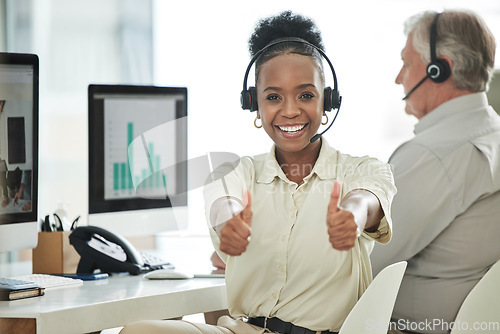 Image of Call center, thumbs up and portrait of black woman in office for thank you, success and happy. Communication, customer support and female worker with hand sign for contact, crm service and consulting
