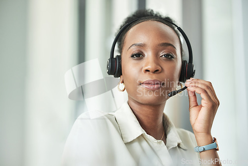 Image of Call center, customer support and portrait of black woman with headset for help, advice and telemarketing. Communication, business and serious female worker for contact, crm service and consulting