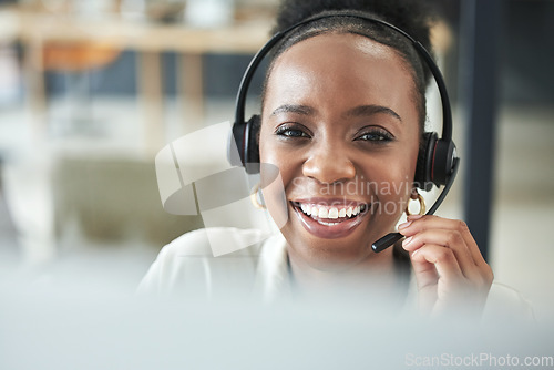 Image of Black woman face, call center and phone consultation with a smile in a office with contact us work. Telemarketing, job portrait and African female employee with communication and customer service