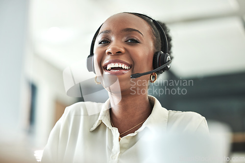 Image of Black woman, call center and laugh portrait with a smile in a office with contact us work. Telemarketing, consulting job and African female employee with consultation and customer service at company