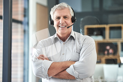 Image of Call center, customer service and portrait of old man with crossed arms for helpdesk, agency and telemarketing. Communication, manager and elderly male worker for contact, crm support and consulting