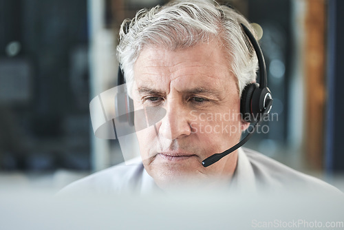 Image of Senior focus, contact us and call center help of a professional for telemarketing job. Mature, web support and online consultation of male person at desk for business sales and customer service.