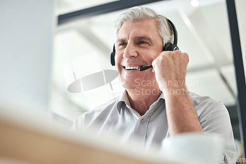 Image of Senior laugh, contact us and call center writing of a professional at a computer for telemarketing job. Consultant, web support and consultation of male person consulting for customer service.