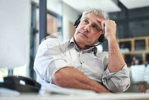 Image of Stress, callcenter manager thinking and man in customer service agency with ideas for problem solving. Communication, senior management or help desk consultant brainstorming on phone call in office.