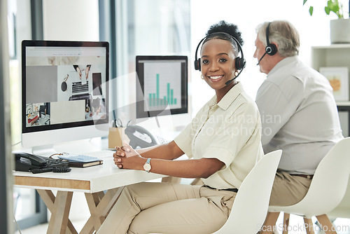 Image of Call center, customer support and portrait of black woman for online help, advice and telemarketing. Communication, office and happy female worker with headset for contact, crm service and consulting