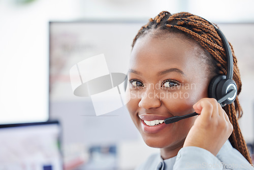 Image of Call center, customer service and portrait of female consultant working with crm communication. Telemarketing, receptionist and African woman agent on an online consultation with client in workplace.