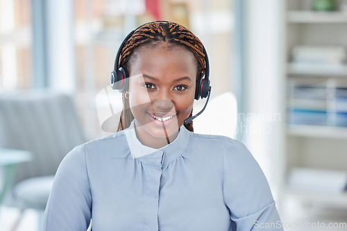 Image of Telemarketing, customer support and portrait of female consultant working with crm communication. Call center, receptionist and African woman agent on an online consultation with client in workplace.