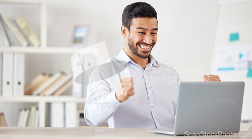 Image of Business, happy and man excited, laptop and cheering with happiness, achievement and startup success. Male person, employee and consultant with a pc, technology and celebration with victory and smile