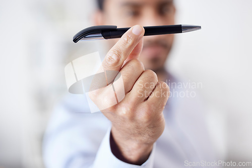 Image of Hands, business man and pen in office for writing, working or product in company workplace. Handwriting, pens and male professional holding ballpoint stationary to write, drawing or sketch signature.