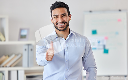 Image of Portrait, smile and business man with thumbs up for success, support or agreement. Face, like hand gesture and Asian person with emoji for excellence, review or yes, welcome and thank you for vote.