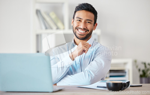 Image of Portrait, business man and accountant smile in office, workplace or company. Face, happy and Asian male professional, entrepreneur or auditor from Singapore with success mindset for career or job.