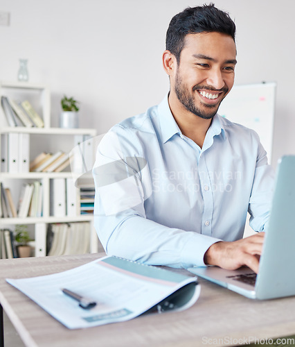 Image of Laptop, business man and auditor typing in office, workplace or company. Computer, smile and Asian male professional, entrepreneur or accountant work on accounting, reading email or focus on research