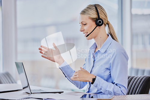 Image of Young woman, call center and advice with discussion, mic, communication and smile in tech support job. Girl, telemarketing and happy for sales consulting, customer service or help desk at crm agency