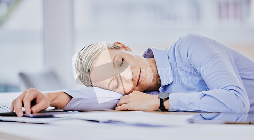 Image of Sleeping, business woman and tired office employee at work with rest from work deadline. Notes, female worker and sleep op a company sales analyst with paperwork and nap from buyer report project