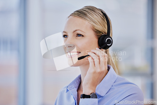 Image of Young woman, thinking and call center with microphone, communication and smile in tech support job. Girl, telemarketing and vision for sales consulting, customer service and help desk at crm agency