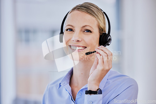 Image of Young woman, portrait and call cente with, microphone, communication or smile in technical support job. Girl, telemarketing and happy for sales consulting, customer service or help desk at crm agency