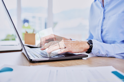 Image of Closeup, hands typing and laptop in office for email communication, networking or report on internet. Planning, schedule or proposal for finance, budget or accountant in workplace, computer and desk