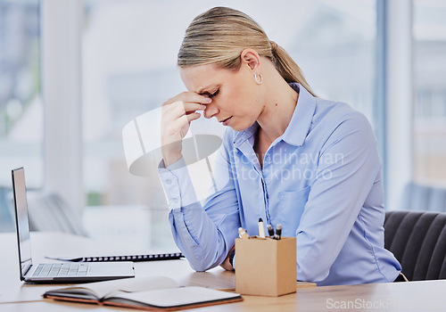 Image of Business woman, headache and computer glitch at a company with fatigue and stress from 404 error. Audit problem, female employee and pain from tech work and debt report in a office with pc mistake