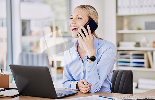 Image of Young business woman, phone call and office at desk with motivation, sales and smile in finance agency. Financial expert, networking and happy for contact, client or lead for loan offer at startup